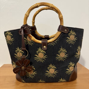Y2K Relic Black Canvas Pineapple Hawaiian Print Handbag With Bamboo Handles